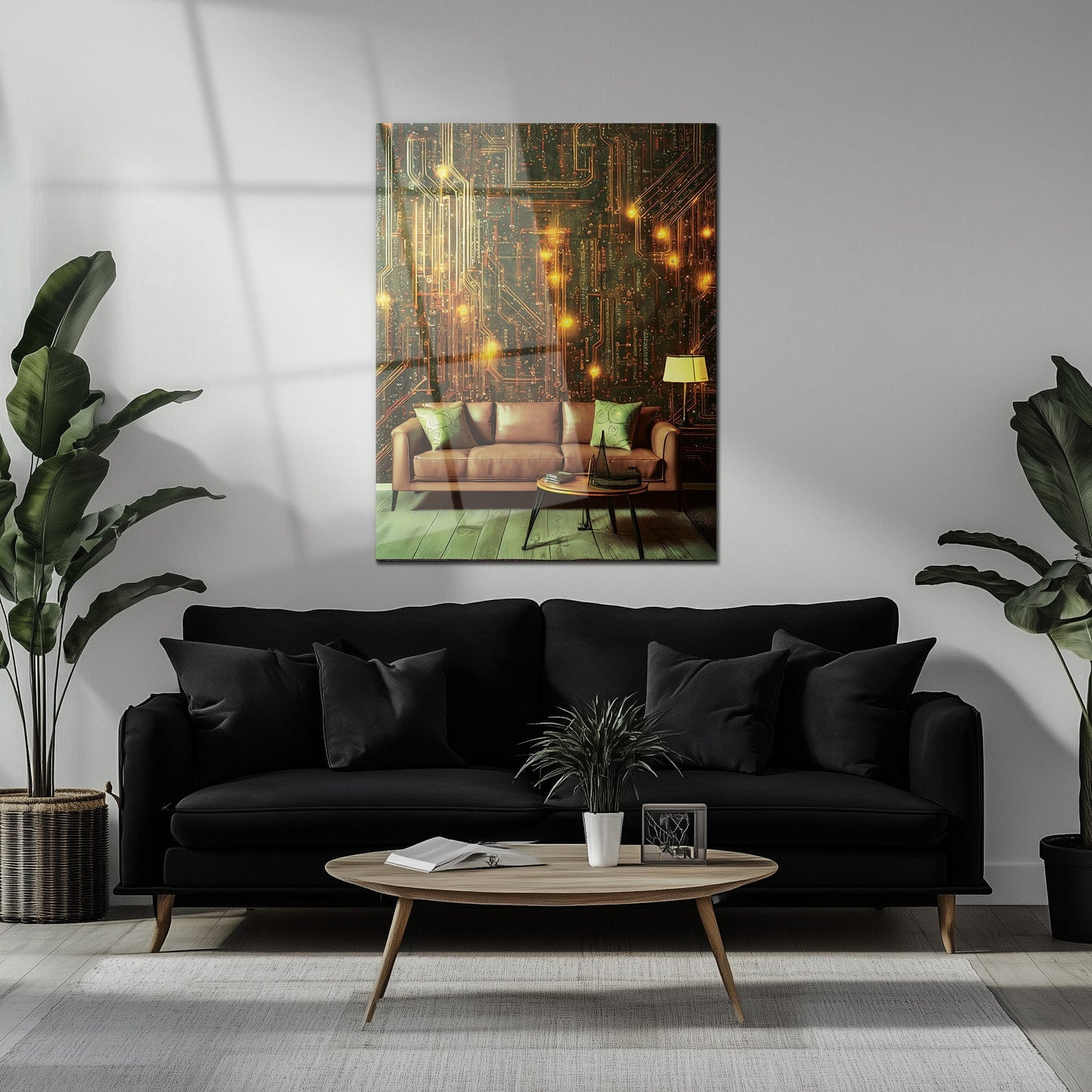 Circuit Board Living Room Glass Wall Art – Futuristic Tech-Inspired Home Scene-KAFCD010
