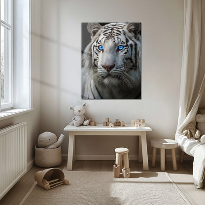 Blue-Eyed White Tiger Glass Wall Art – Fierce Wildlife Portrait with Striking Gaze-KAFCD016