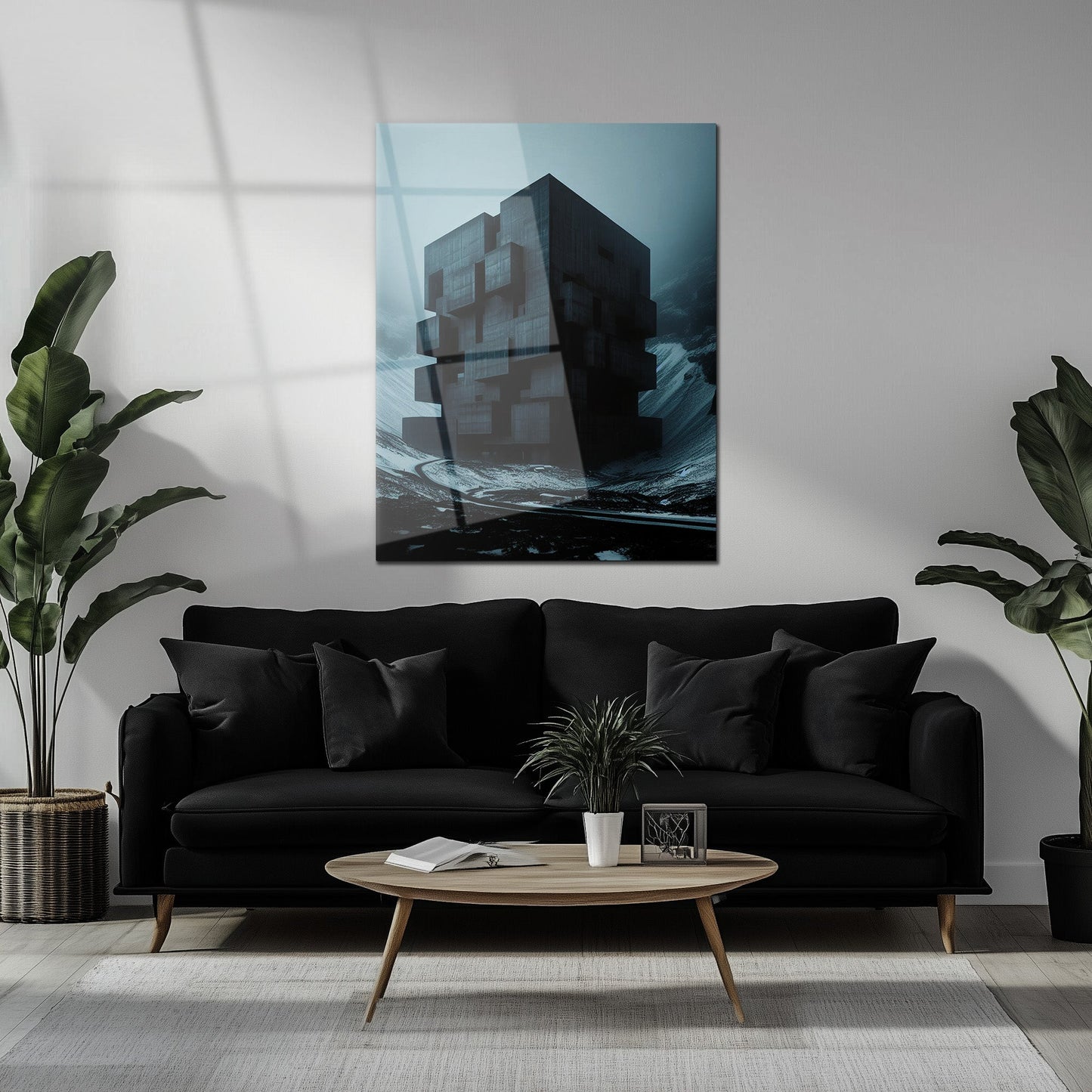 Dark Brutalist Architecture Glass Wall Art – Monolithic Structure UV Print-KAFCD025