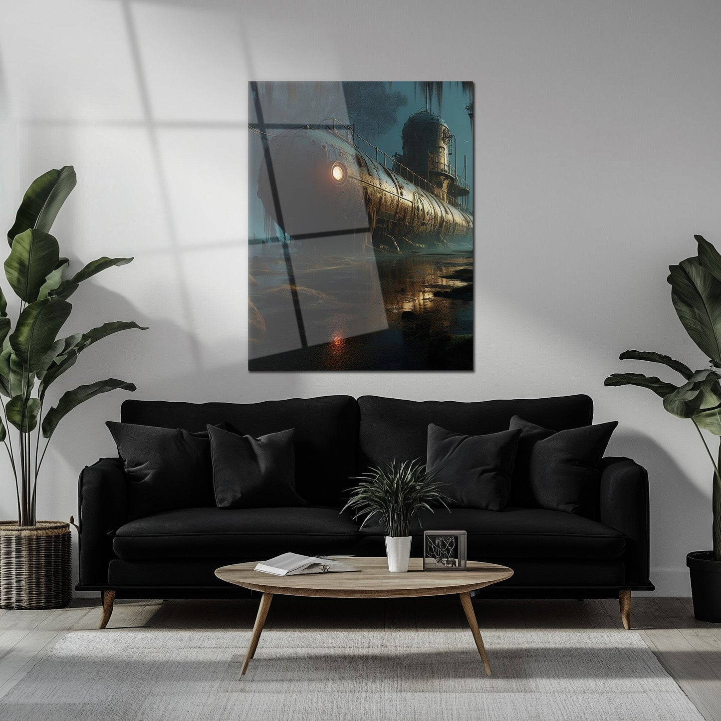 Abandoned Submarine in Swamp Glass Wall Art – Moody Nautical UV Print Design-KAFCD030