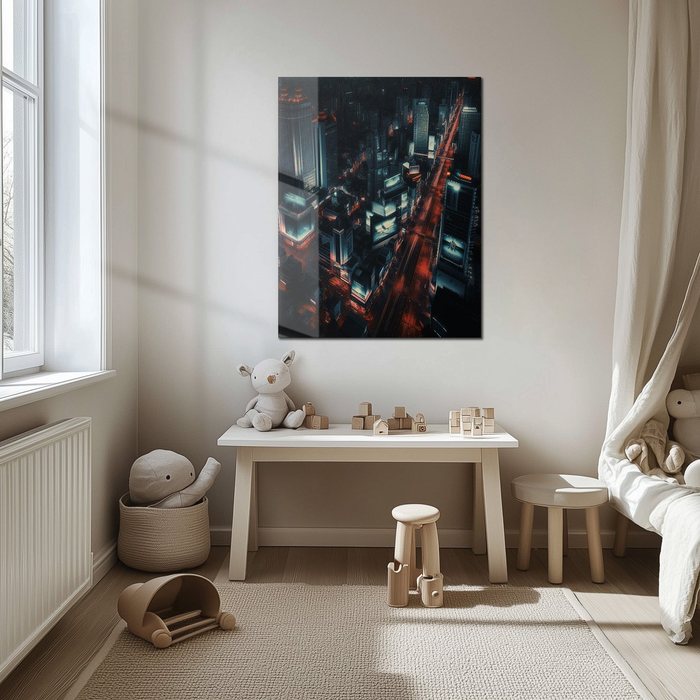 Cyberpunk Cityscape Glass Wall Art – Neon Lit Futuristic Skyline UV Print-KAFCD031