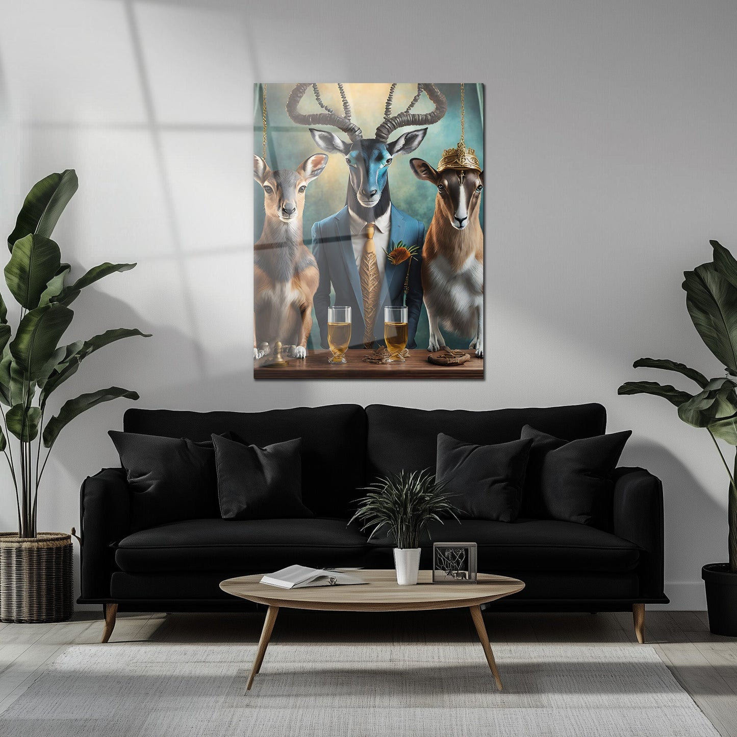 Elegant Antelope Gathering Glass Wall Art – Whimsical Animal Portrait UV Print-KAFCD036