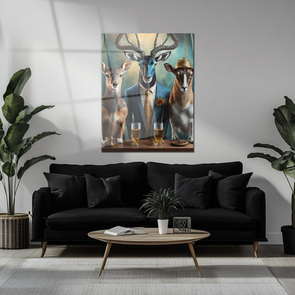 Elegant Antelope Gathering Glass Wall Art – Whimsical Animal Portrait UV Print-KAFCD036