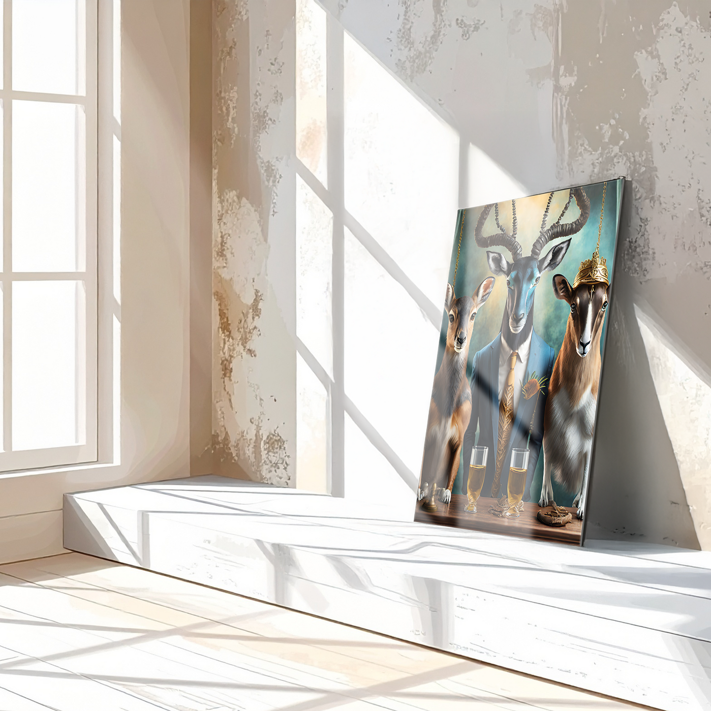 Elegant Antelope Gathering Glass Wall Art – Whimsical Animal Portrait UV Print-KAFCD036