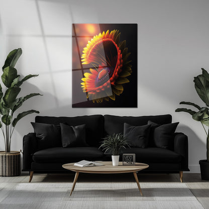Abstract Fire Petal Bloom Glass Wall Art – Glowing Floral UV Print Design-KAFCD050