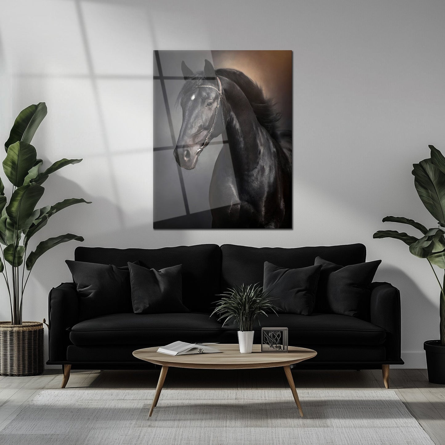 Elegant Black Horse Portrait UV Glass Wall Art – Majestic Equestrian Design-KAFCD065