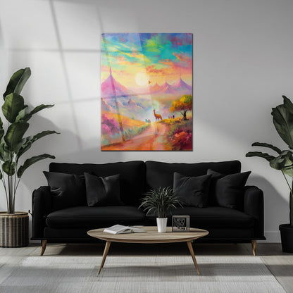 Dreamscape Sunset Valley – Llama & Mountain Fantasy UV Glass Wall Art-KAFCD082