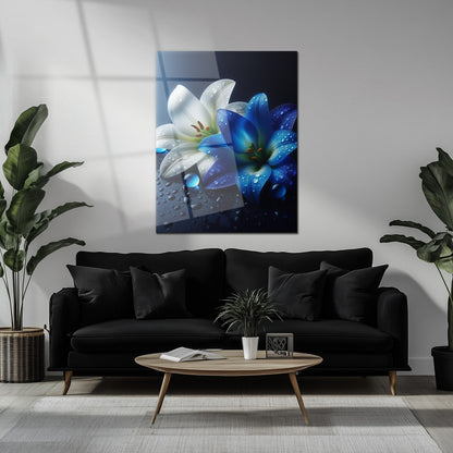 Blue and White Lilies with Dew Drops – Elegant UV Glass Floral Wall Art - KAFCD096