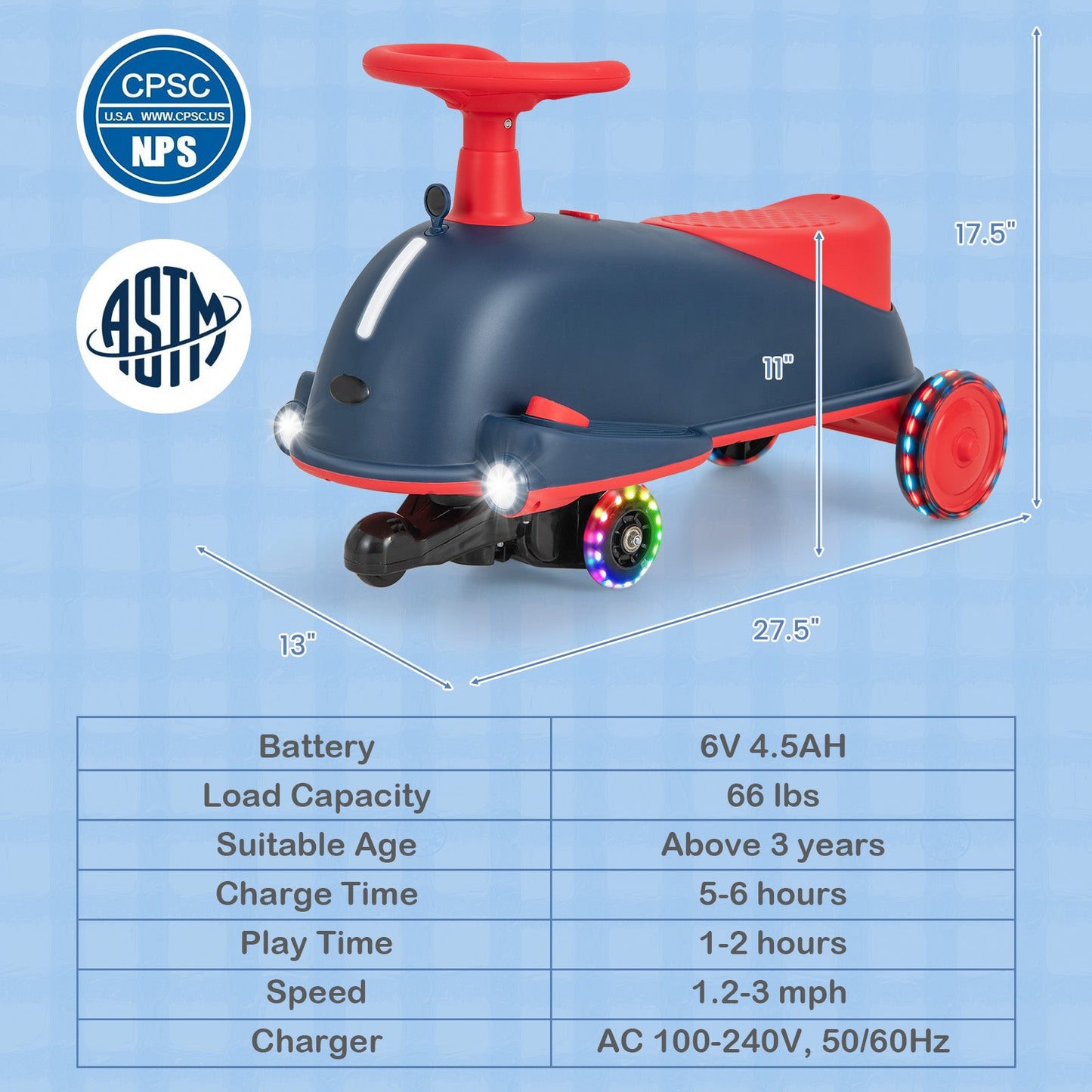 6V Kids Ride On Drifting Wiggle Car 2 in 1 with Music and Pedal and Dolphin-like Design-Blue