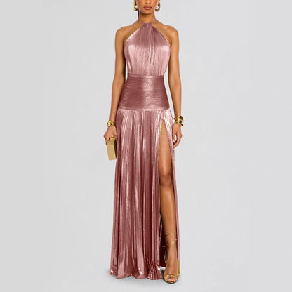 Women's Sleeveless Backless Metallic Pleated Split Halter Dresses