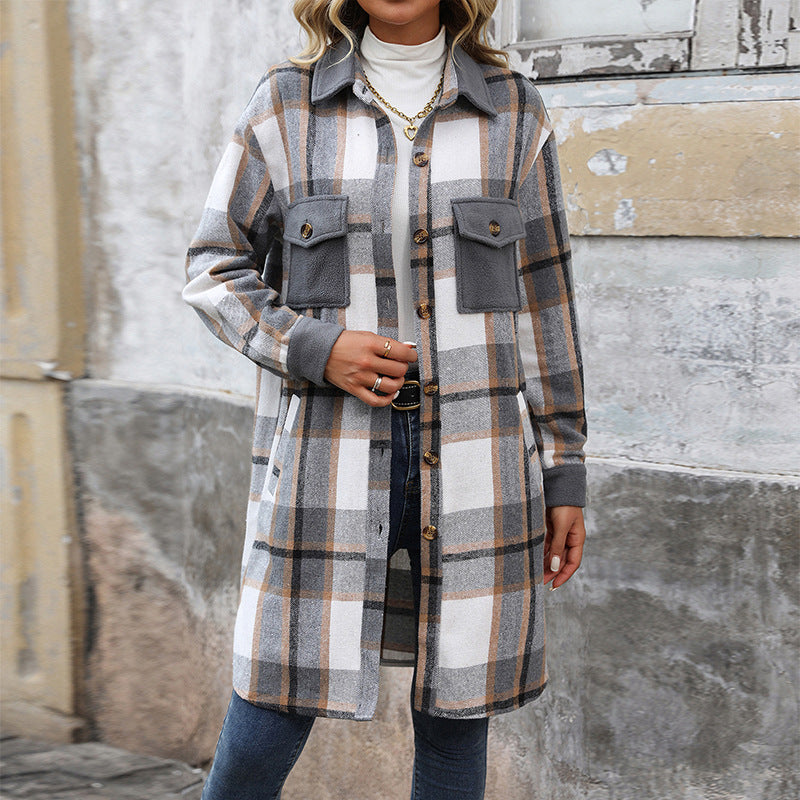 Women's Fashion Brushed Long Plaid Shirt Coats