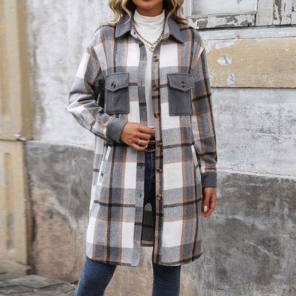 Women's Fashion Brushed Long Plaid Shirt Coats