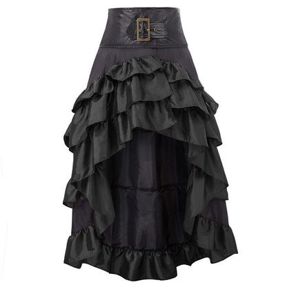 Retro Front Long Back Irregular Ruffles High Waist Stitching Dresses
