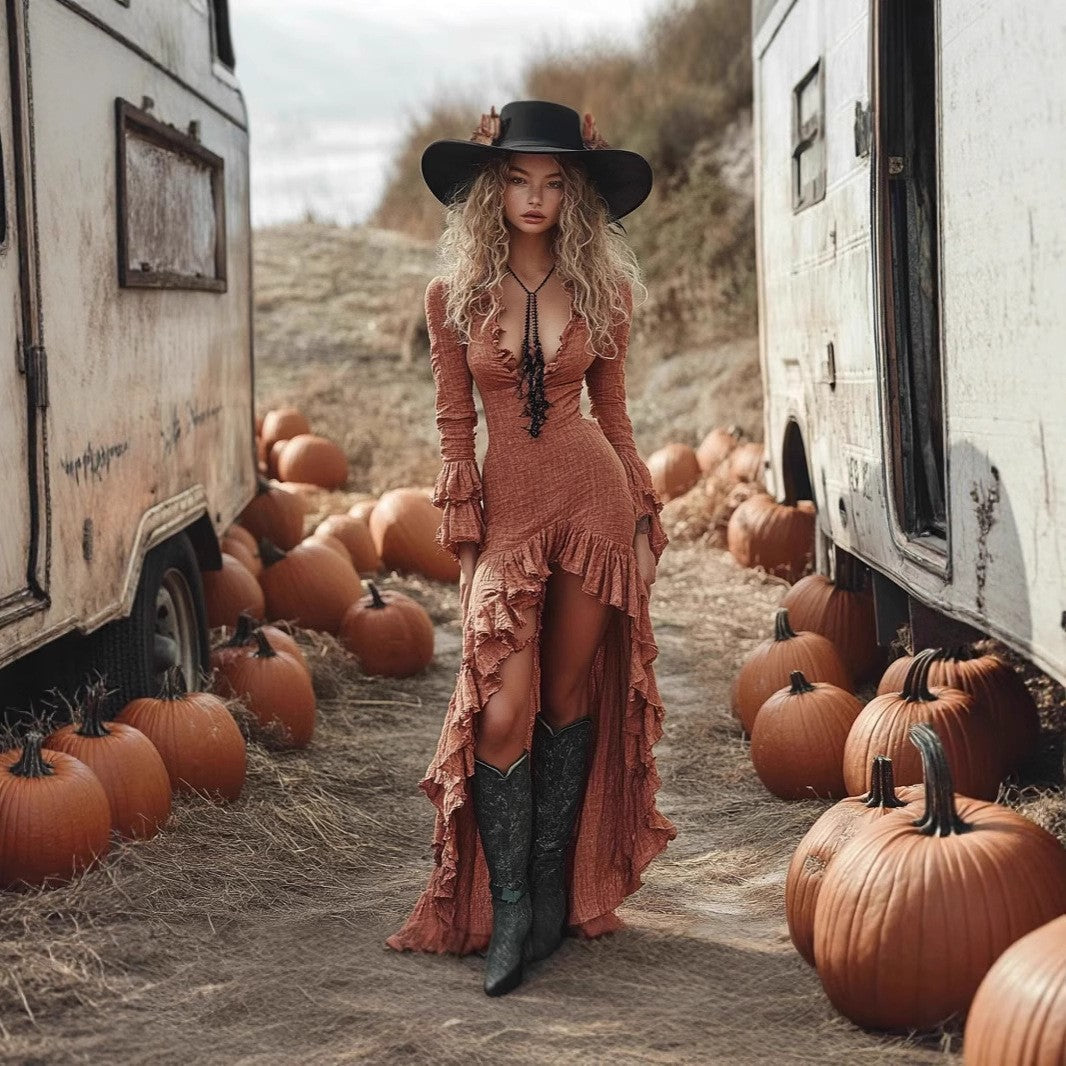 Women's Halloween Sexy Ruffles Solid Color Long Dresses