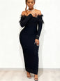 Women's One-word Dress Elegant Bubble Feather Beaded Dresses