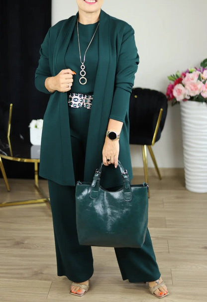 Women's Color Round Neck Long Sleeve Belt Suits
