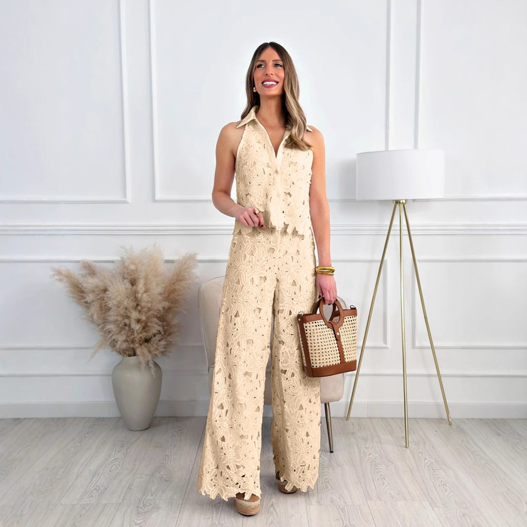 Summer French Style Embroidered Hollow Straight Suits