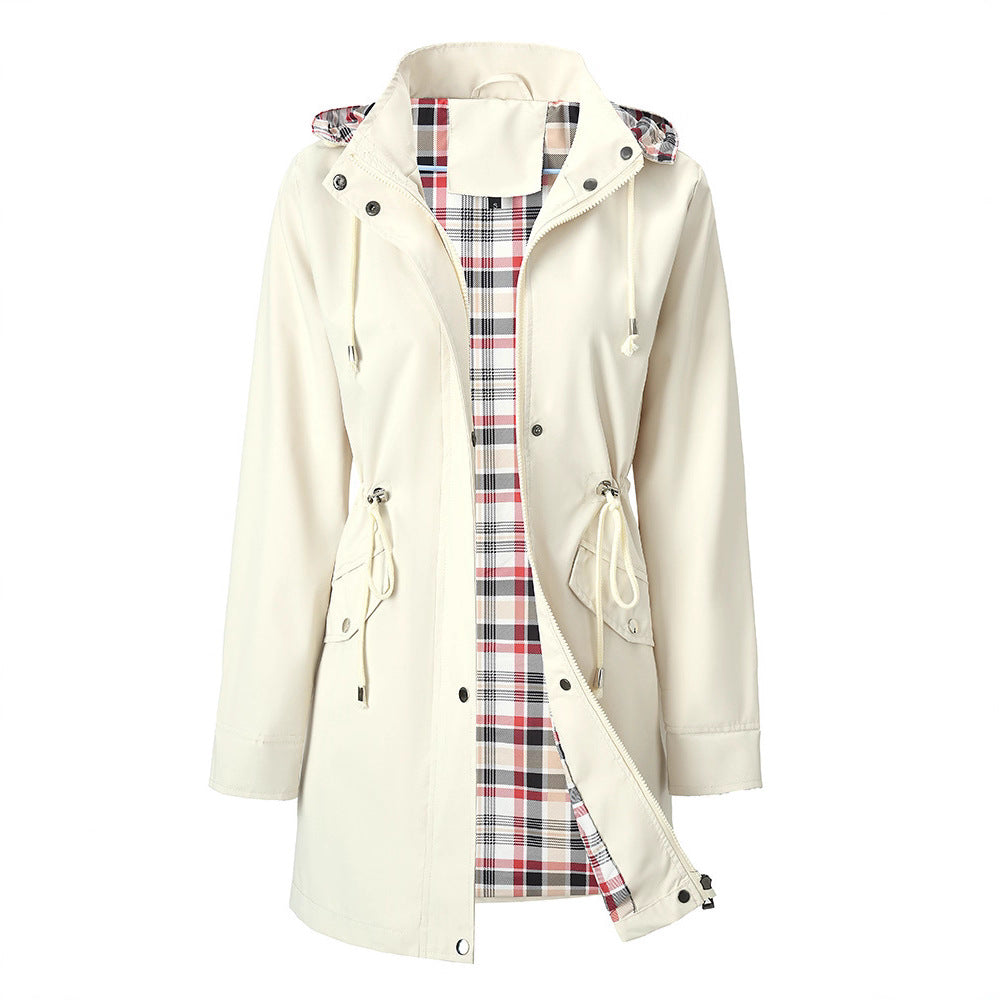 Women's Hooded Drawstring Plaid Lined Trench Coats