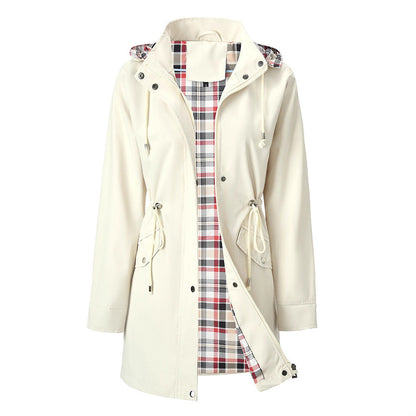 Women's Hooded Drawstring Plaid Lined Trench Coats