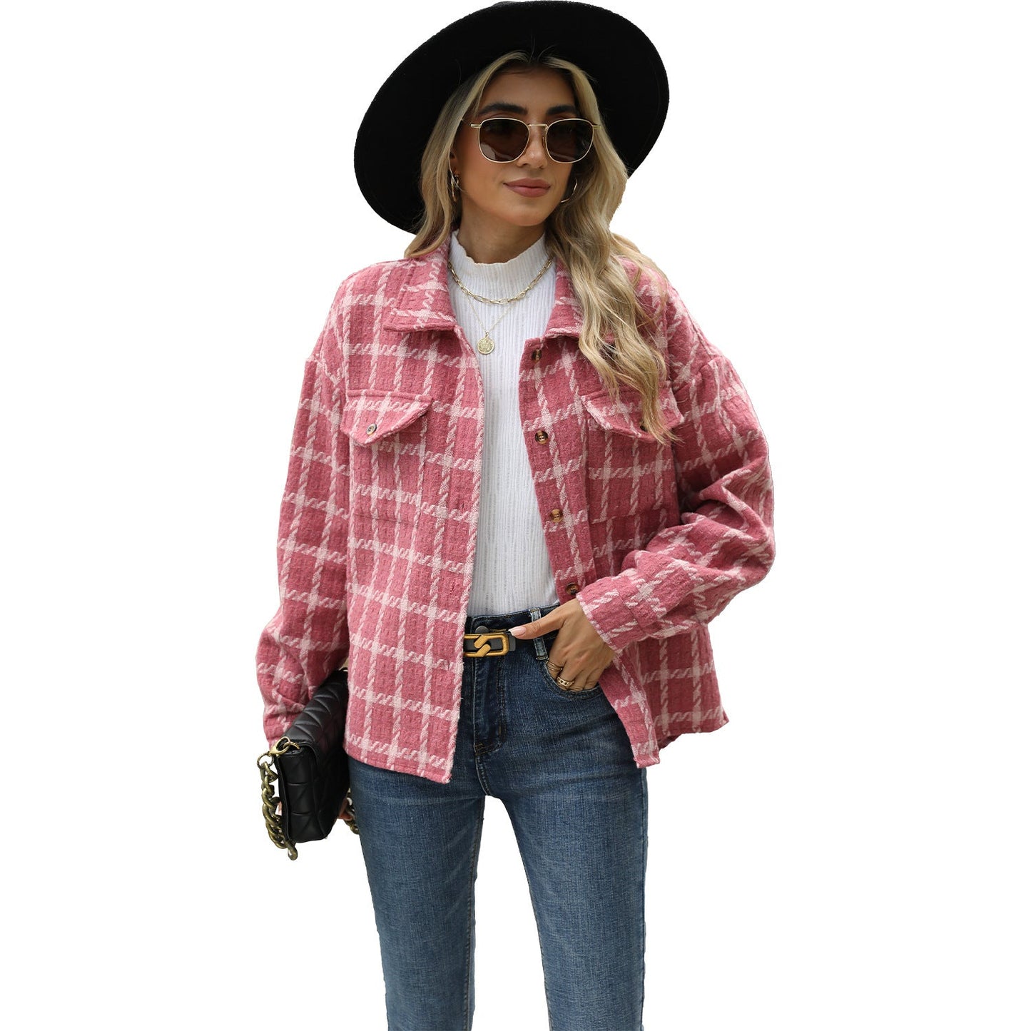 Women's Lapel Plaid Long Sleeve Loose Woolen Coats