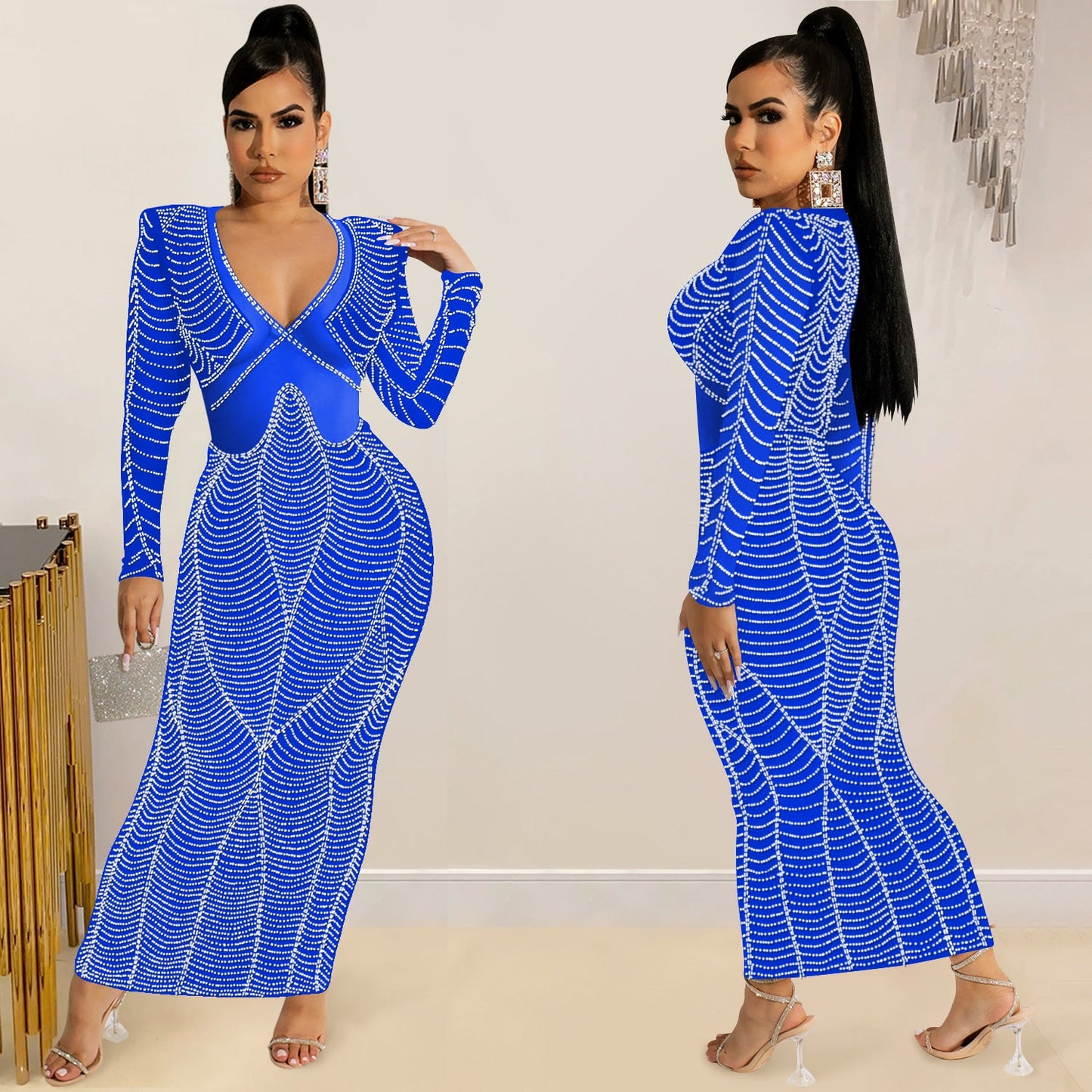 Women's Sexy Nightclub Rhinestone Mesh Long Sleeve Dresses