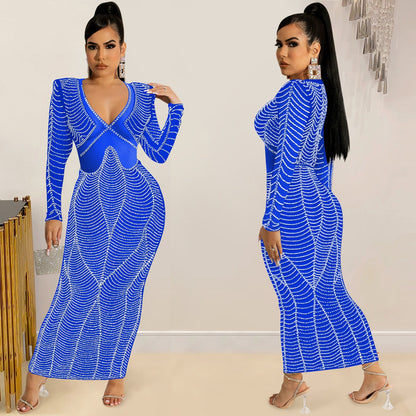 Women's Sexy Nightclub Rhinestone Mesh Long Sleeve Dresses