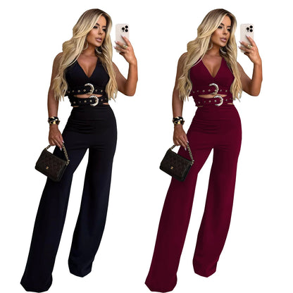Women's Fashion Wear Decorative Buckle Belt Trousers Tops