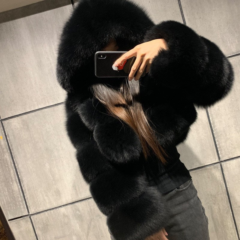 Women's Fur Hooded Imitation Fox Long Sleeve Coats