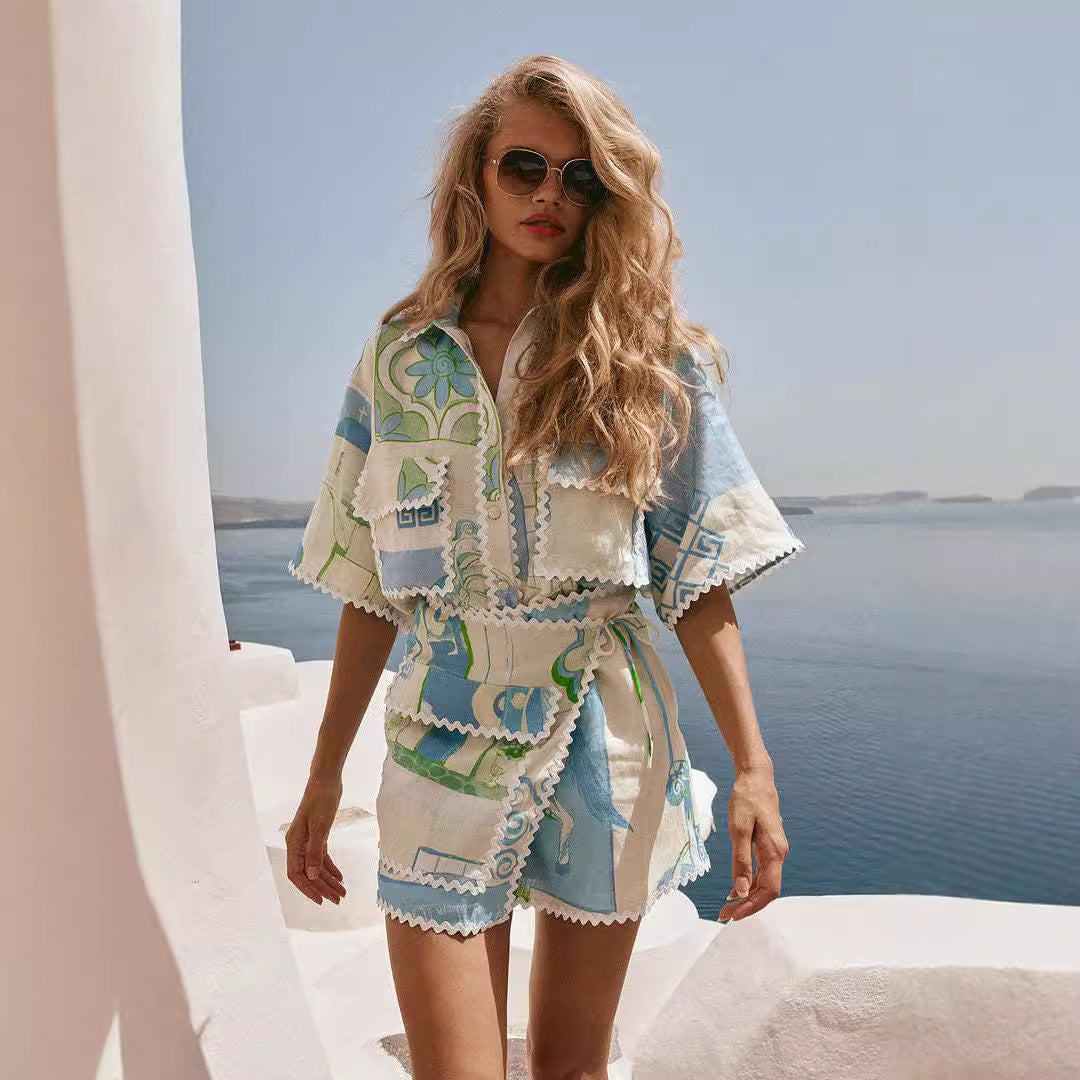 Two-piece Set Decorative Edge Casual Printed Suits