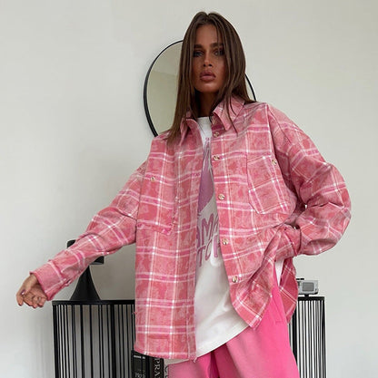 Plaid Shirt Retro Trendy Loose Pink Blouses
