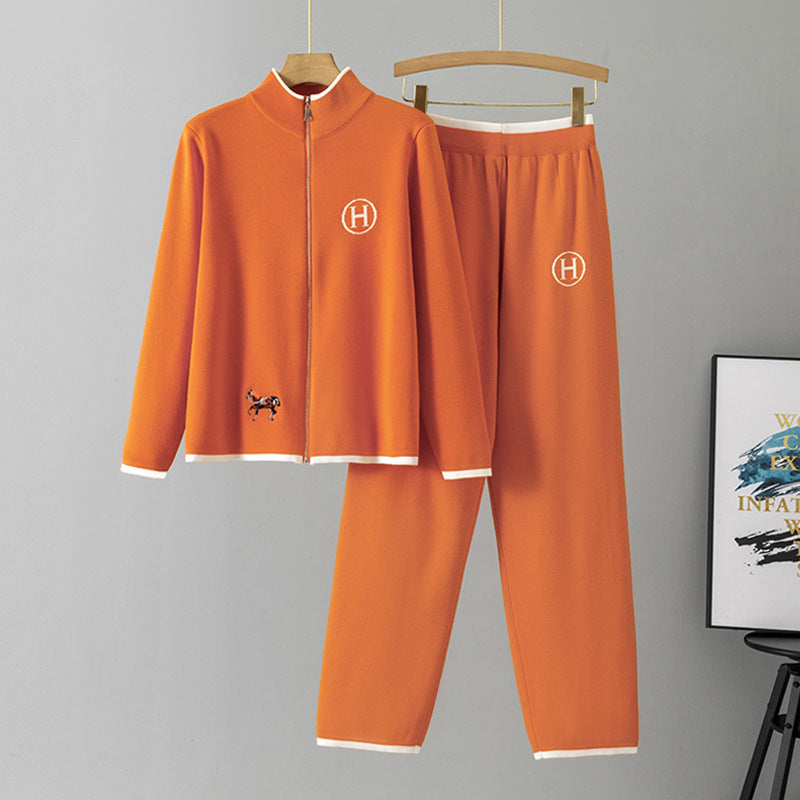 Women's Knitting Creative Horse Embroidery Long Sleeve Casual Trousers Suits