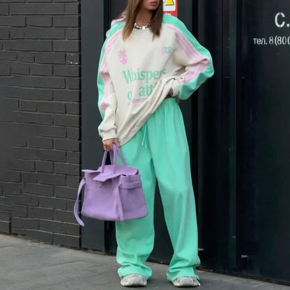 Women's Contrast Sports Round Neck Loose Long Suits