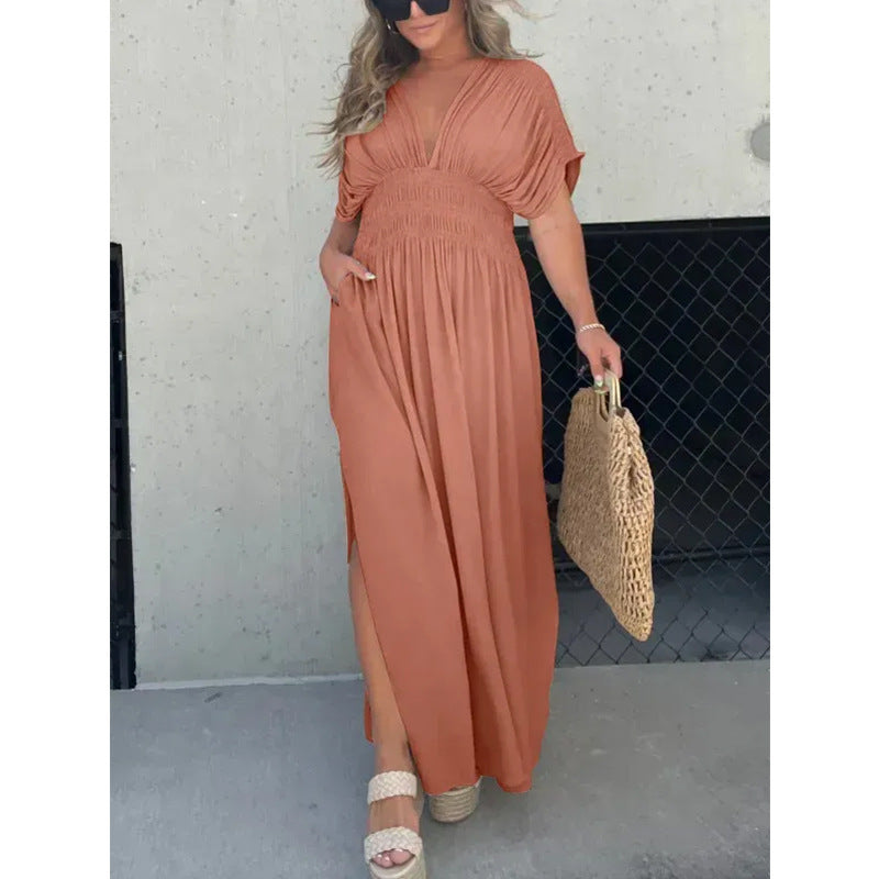 Solid Color Bat Sleeve Elastic Waisted Slimming Dresses