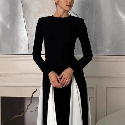 Women's Neck Contrast Color Long Sleeve High Waist Dresses