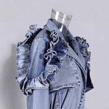 Women's Denim Trench Waist Lotus Leaf Fashion Jackets