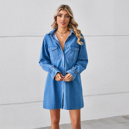 Elegant Loose Wash Denim Dress Midi Tops