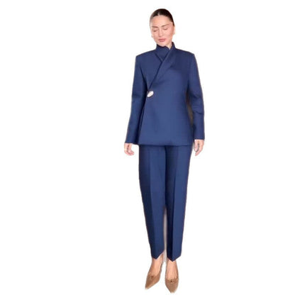 Women's Autumn Fashion Blue Stand Collar Simple Suits