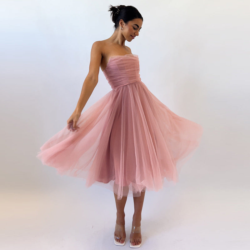Women's Mesh Fishbone Tube Dress Waist A- Dresses