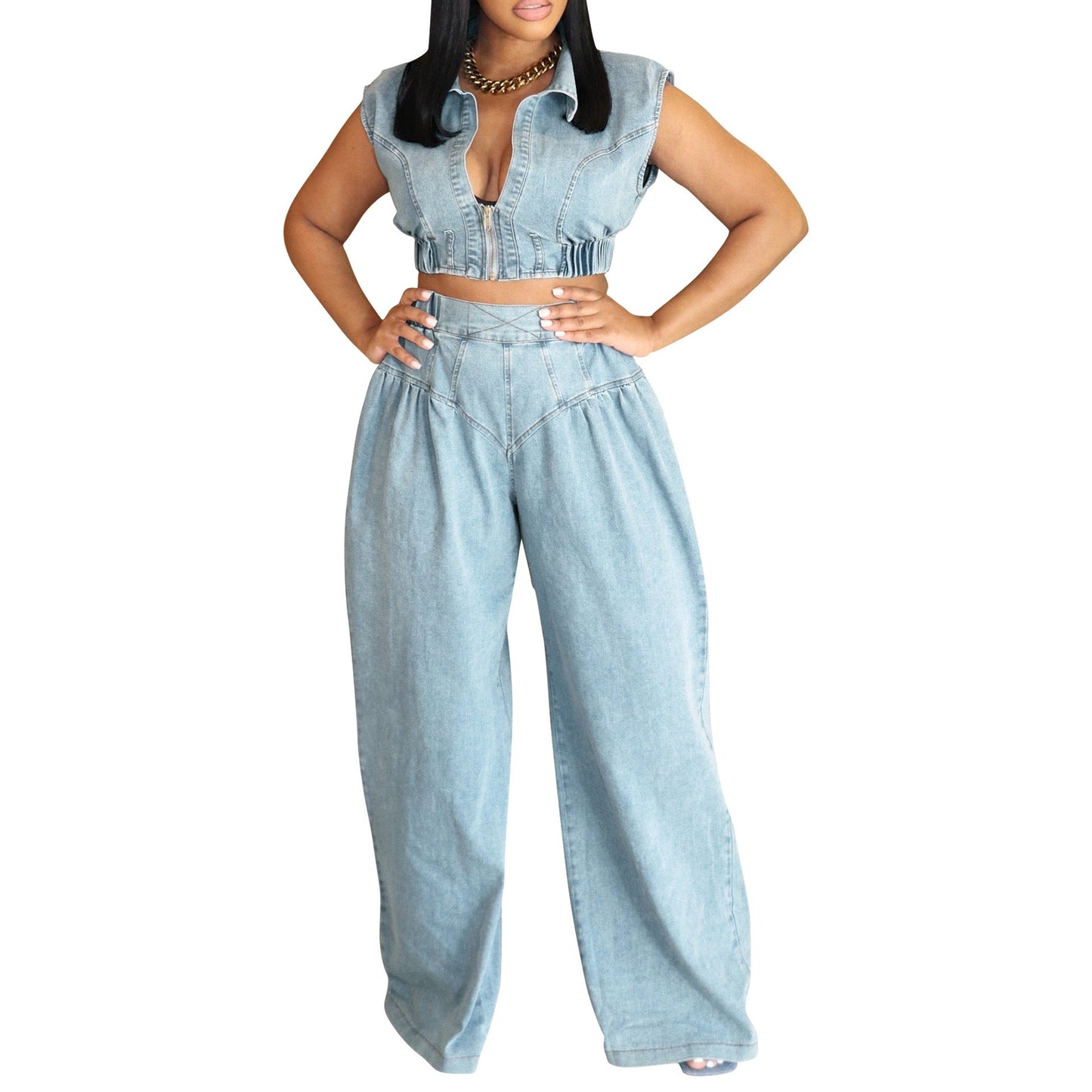 Women's Sexy Sleeveless Two-piece Loose Straight Summer Jeans