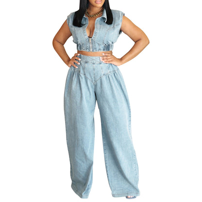 Women's Sexy Sleeveless Two-piece Loose Straight Summer Jeans