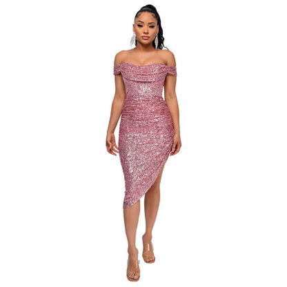 Women's Split Draped Dress Summer Sequined Backless Dresses