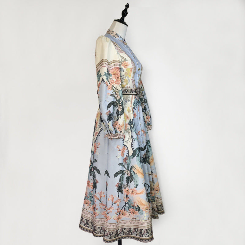 Sleeve Big Hem Positioning Printed Single Row Flower Beads Dresses