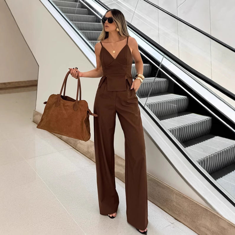 Women's Retro Brown Sling Trousers Two-piece Summer Suits