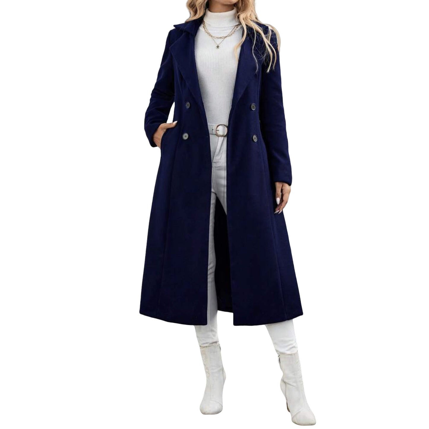 Women's Lapel Woolen Lace Up Double Breasted Extended Coats