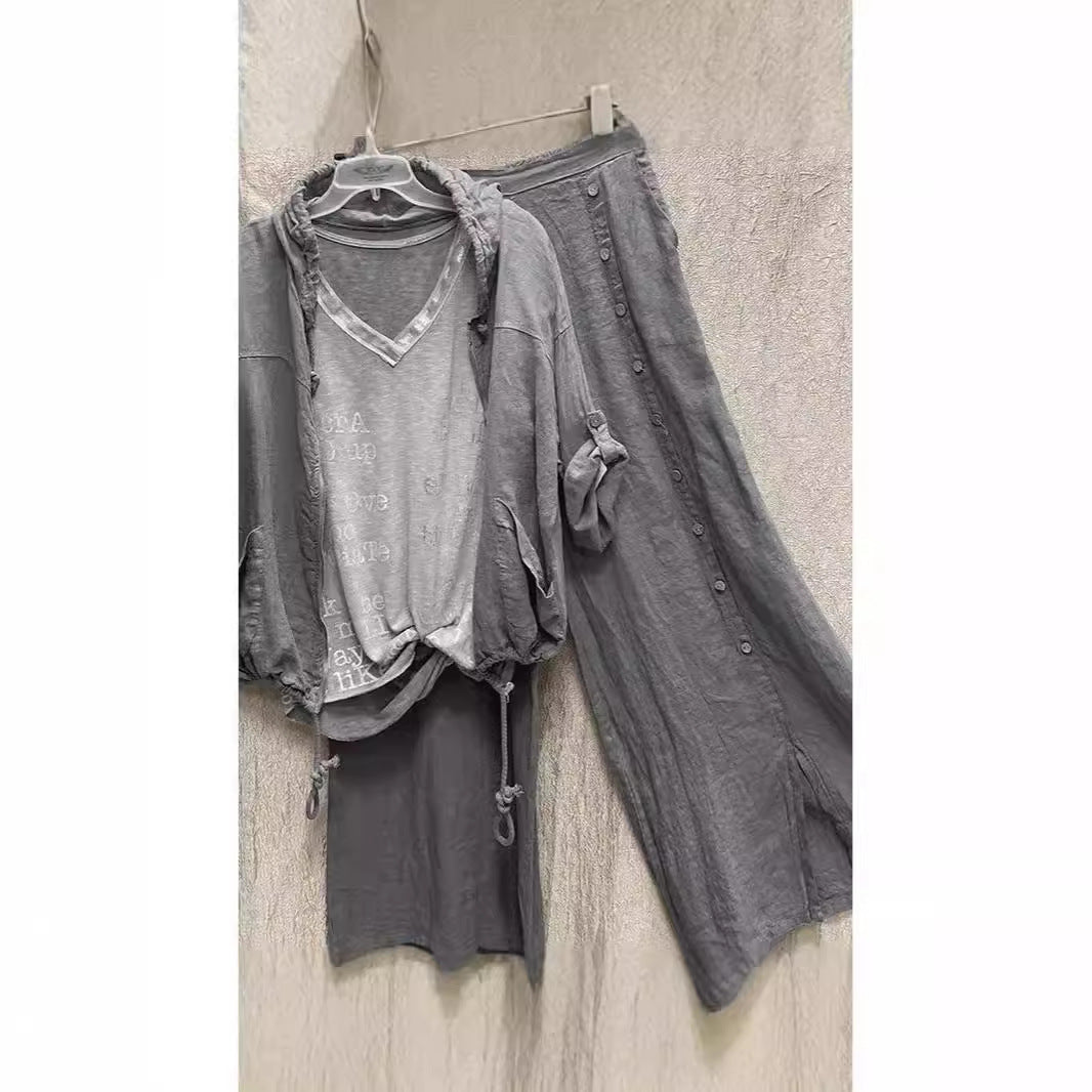 Women's Color Washed Distressed Straight Two Pieces Suits