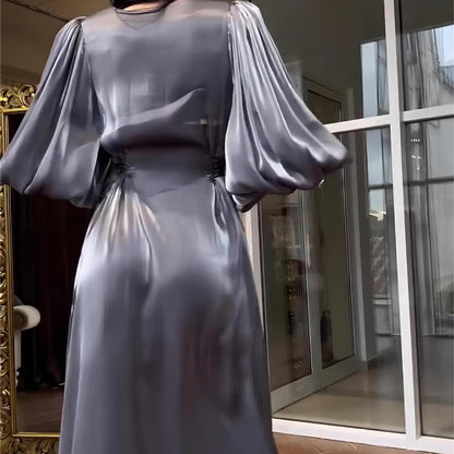 Women's Lantern Sleeve Long Satin Lace Up Dresses