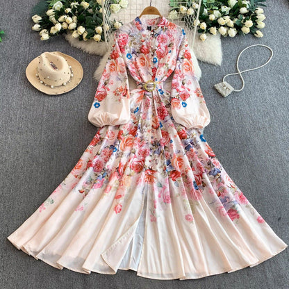 Women's Lantern Long Sleeve Single-breasted Printed Dress Dresses