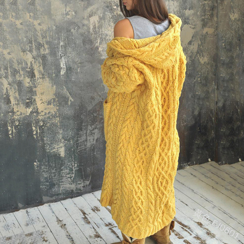 Women's Thickened Twist Braid Hooded Long Sweaters