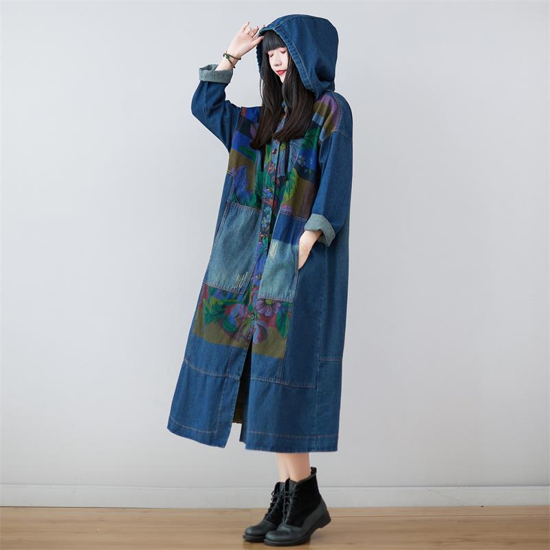 Washed-out Vintage Extended Denim Artistic Stitching Hooded Coats