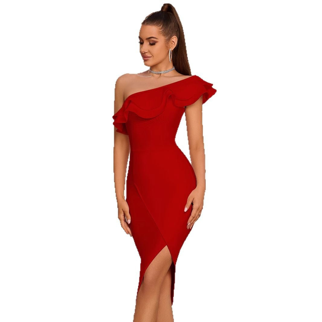Women's One Shoulder Ruffles Bandage Solid Color Dresses